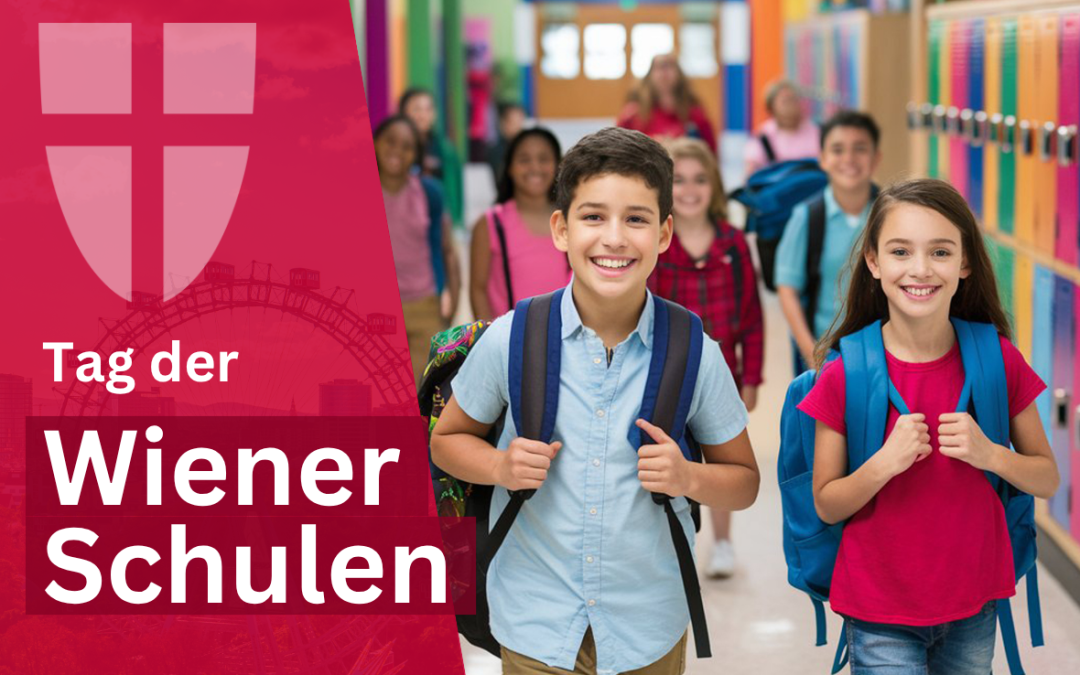 Offizielle Veranstaltungsgrafik „Tag der Wiener Schulen“: rotes Wien-Motiv und Kinder mit Rucksäcken in einer Schule. Quelle: Bildungsdirektion für Wien.