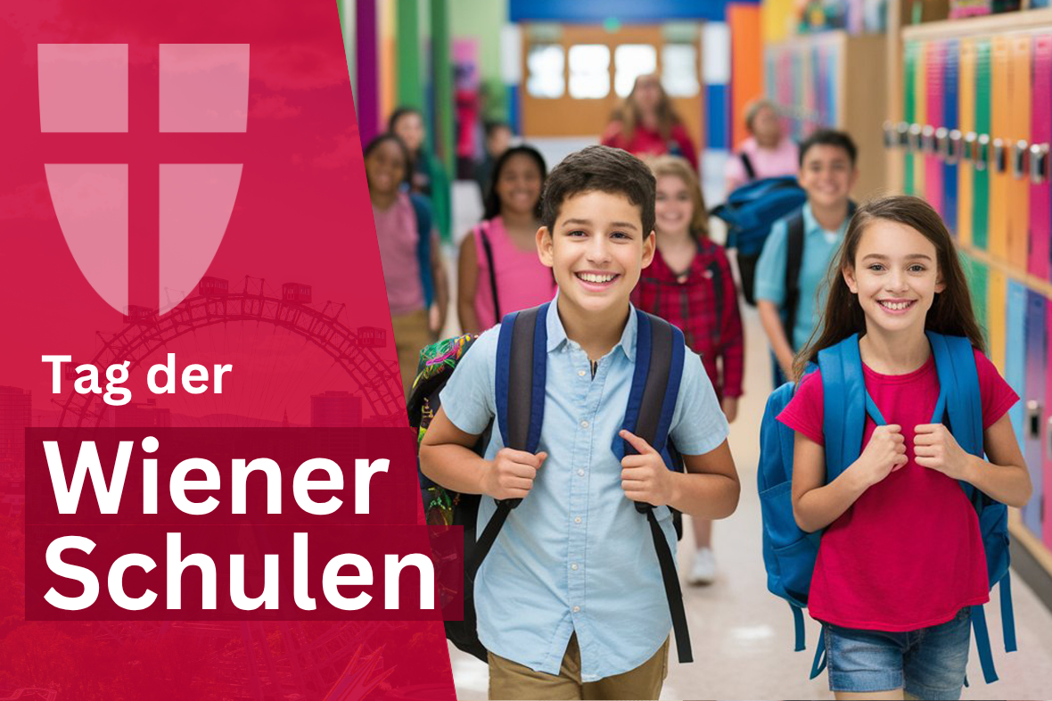 Offizielle Veranstaltungsgrafik „Tag der Wiener Schulen“: rotes Wien-Motiv und Kinder mit Rucksäcken in einer Schule. Quelle: Bildungsdirektion für Wien.